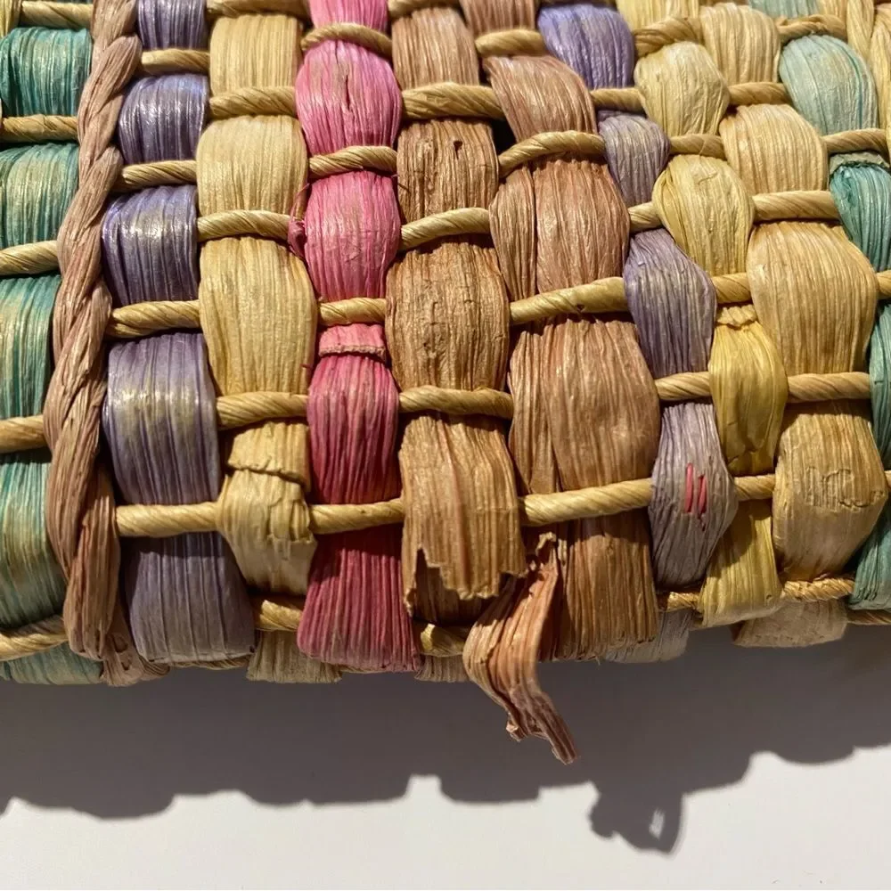 Vintage Straw Chic Flap Beach Boho Summer Multi-Color Striped Clutch Hand Bag